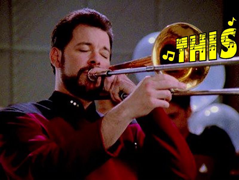 The meme features a screenshot of a character from the TV show "Star Trek: The Next Generation" (played by Patrick Stewart) playing a trombone, with a comedic expression on his face. The text "I am not a trombone player" is written above the image, implying that the character is trying to play the instrument but is not doing so well. The image is humorous because of the character's awkwardness and the irony of the situation.
